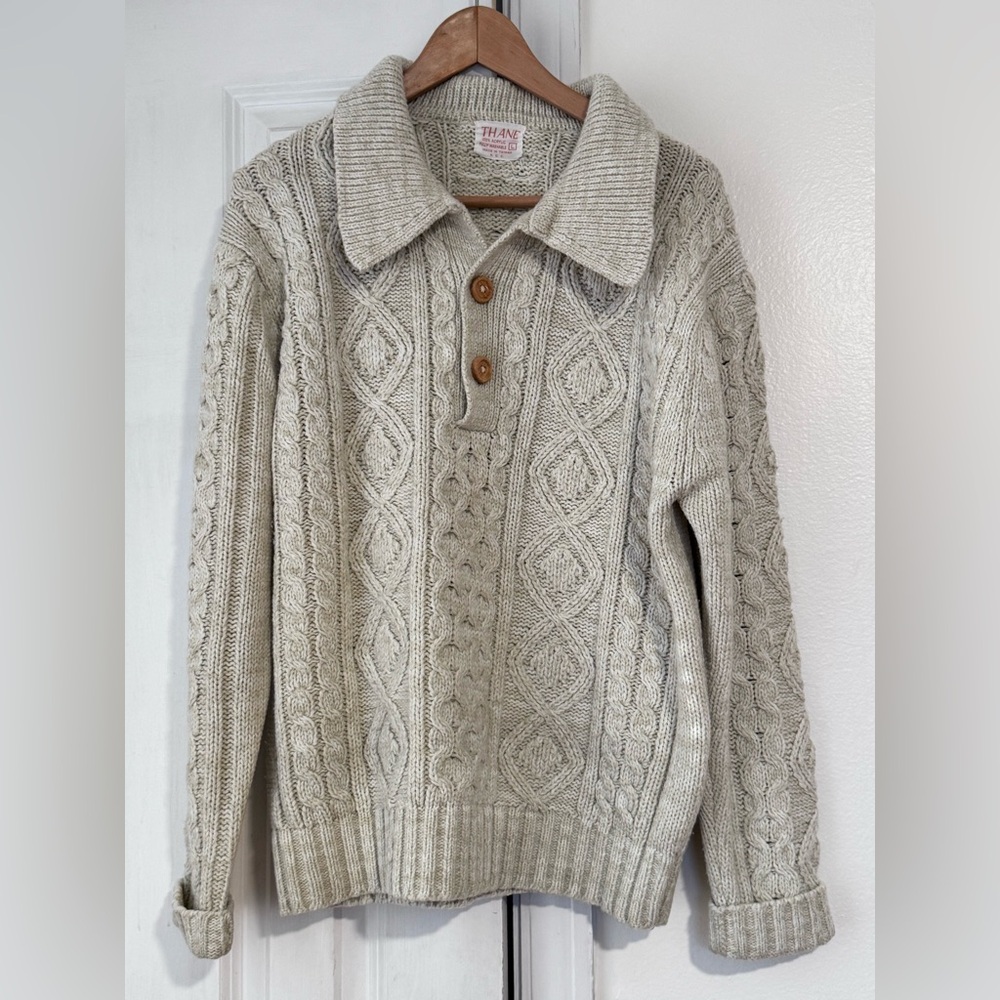 Vintage THANE fisherman’s Knit Cream/Oatmeal Sweater size L - Picture 1 of 8